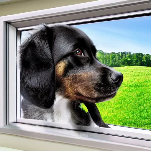 Prompt: ultrawide photo of dog near aluminium window, 8k,