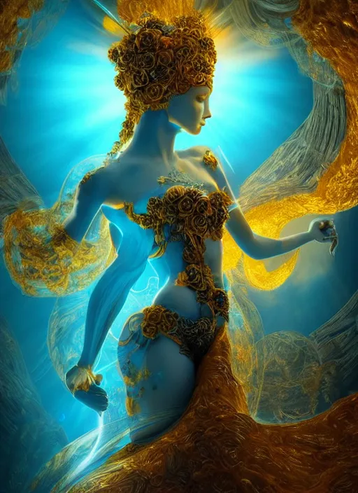 Image similar to flowers within the whole infinite capsule, a goddess apparent with awe the apparition, an idea seep's into infinity and gives me wings, highly detailed in 4 d volumetric latent space, golden turquoise steampunk, high contrast cinematic light, mystical shadows, sharp focus, divine realm of gods, octane render, artist boris vallejo,