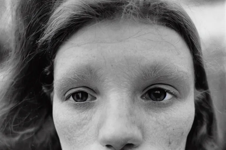 Image similar to close up portrait photography of a symmetric white ginger woman face with blue eyes, soft light, 35mm, film photo, Joel Meyerowitz