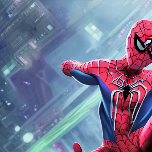 Image similar to spiderman with pink suit and yellow glowing eyes, and alien ears, anime cinema photorealistic beautiful cinematic world of chrono trigger in the style of studio ghibli. hyperdetailed photorealism, 1 0 8 megapixels, amazing depth, glowing rich colors, powerful imagery, psychedelic overtones, 3 d finalrender, 3 d shading, cinematic lighting, artstation concept art