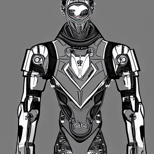 Prompt: cyborg man with a hood bag, slim and tall, sketch lineart for character design