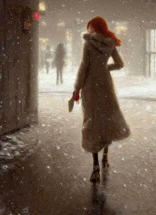 Prompt: back of emma stone in beige coat, walking into new york apartment building entrance in winter, close up of apartment entrance, snow, artwork by gaston bussiere, craig mullins, trending on artstation