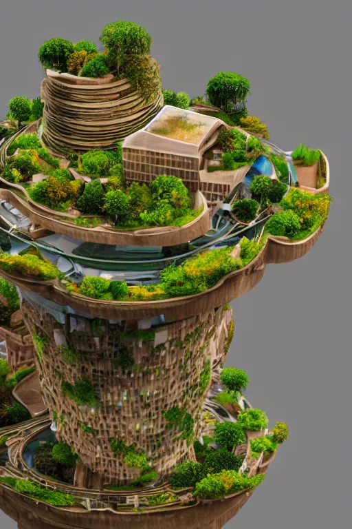 Prompt: 3 d printed physical model that is organic flowy including more than one city into one vertical building that sits on a table in a room with a view back and golden rim drame in the bottom, multiple stories, transparent, with vegetation, colorful, eye - level view, 8 0 k, octane render, highly detailed 3 d render,