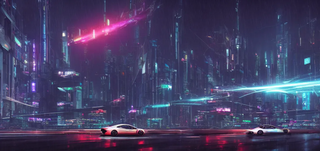 Prompt: view from the edge of a futuristic cyberpunk city at night in rain, refraction, reflection, lens flare, cars flying in the sky distance, symmetry, cinematic lighting, ultra detailed, sharp, ambient occlusion, raytracing, by greg rutowski, paul chadeisson and jessica rossier