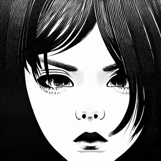 Image similar to an ink drawing of a tech punk girl by ilya kuvshinov, black and white