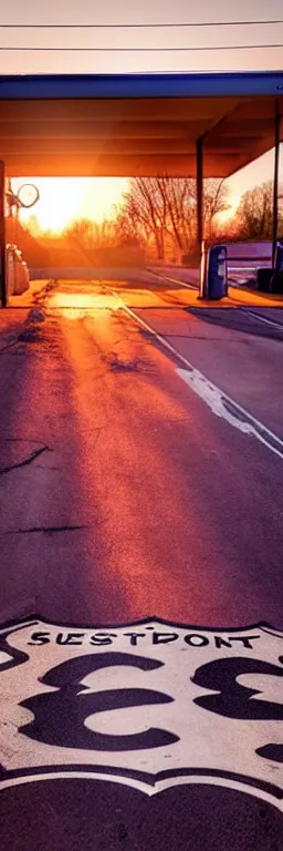 Image similar to a sunset light landscape with historical route 6 6, lots of sparkling details and sun ray ’ s, blinding backlight, smoke, volumetric lighting, colorful, octane, 3 5 mm, abandoned gas station, old rusty pickup - truck, beautiful epic colored reflections, very colorful heavenly, softlight