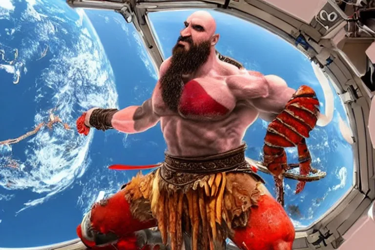 Image similar to kratos from the god of war videogame eating a whole lobster in the international space station