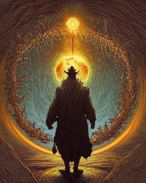 Prompt: a druid standing in a circle at the beginning of the world by dan mumford and greg rutkowski and frank frazetta and peter mohrbacher and william blake
