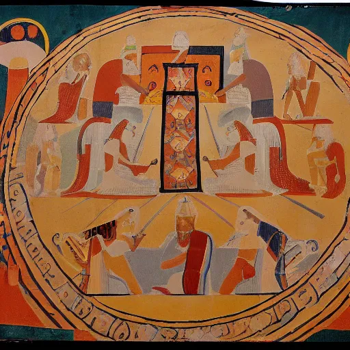 Image similar to sumerian mural of large room with round tables