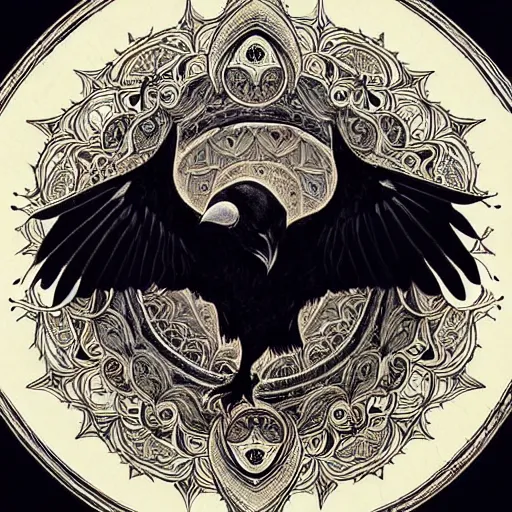 Image similar to simple mandala of ravens, emotionally evoking symbolic metaphors, fantasy, ornamental, detailed digital painting, artstation, concept art, painterly, sharp focus, illustration, art by John Collier and Krenz Cushart and Artem Demura and Rafael and Alphonse Mucha and Albert Aublet