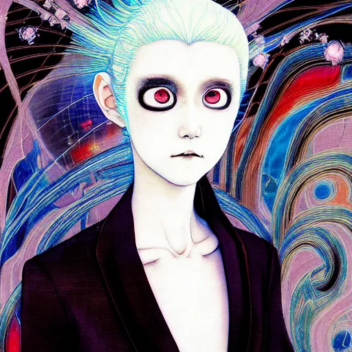 Image similar to yoshitaka amano blurred and dreamy realistic three quarter angle portrait of a young woman with white hair and black eyes wearing dress suit with tie, junji ito abstract patterns in the background, satoshi kon anime, noisy film grain effect, highly detailed, renaissance oil painting, weird portrait angle, blurred lost edges