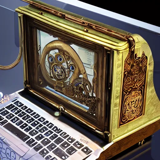 Prompt: front complete view of captain nemo's ornate brass and wood steampunk laptop computer with glass tubes, monitor with steampunk octopus image on it, detailed keyboard, displayed on his antique victorian desk inside the nautilus submarine, retrocore, cyber steampunk 8 k 3 d