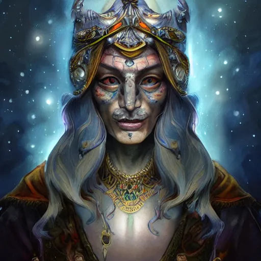 Image similar to an Artstation 3d render of Very very very very highly detailed beautiful mystic portrait of a phantom warrior with galaxy, tattoos by Anton Pieck, intricate, extremely detailed, digital painting, artstation, concept art, smooth, sharp focus, illustration, intimidating lighting, incredible art,