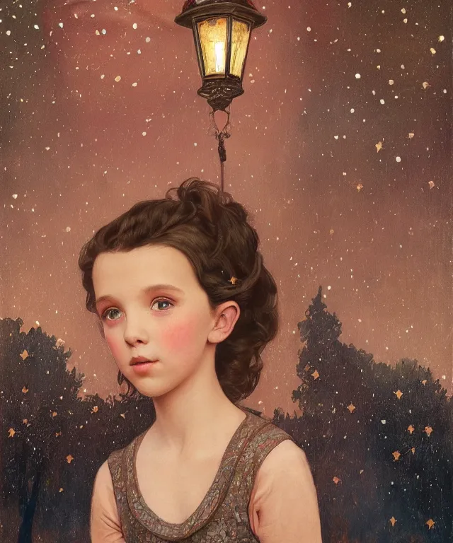 Image similar to a beautiful painting of a girl resembling millie bobby brown in front of the lantern festival in a an ancient italian town, at night with a sky full of stars, intricate, elegant, highly detailed, digital painting, artstation, concept art, by krenz cushart and artem demura and alphonse mucha