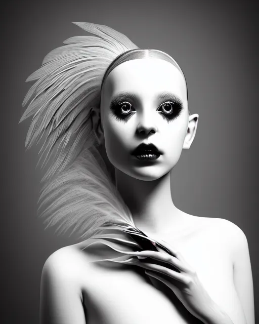 Image similar to surreal mythical dreamy dark artistic black and white fine art 3 / 4 portrait photo of a young delicate mutant female - cyborg - vegetal - orchid - bird with long pale feather hair, rim light, cinematic, studio dramatic light, poetic, octane render, 8 k, photo - realistic