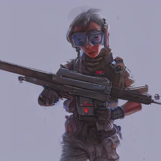 Prompt: 1 3 year old skinny asian nerd with futuristic laser assault rifle fantasy, hd, volumetric lighting, 4 k, intricate detail, by jesper ejsing, irakli nadar