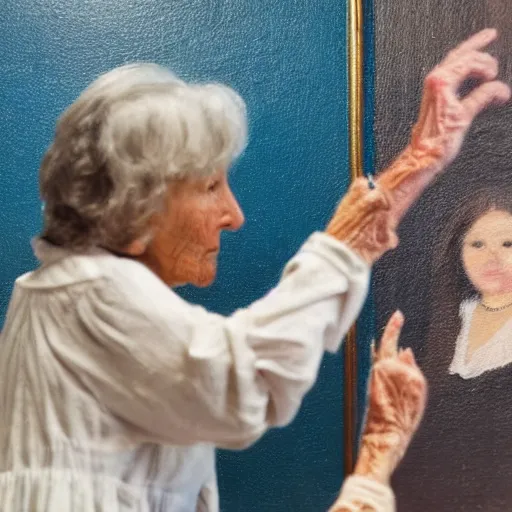 Image similar to old woman staring at a painting of her younger self