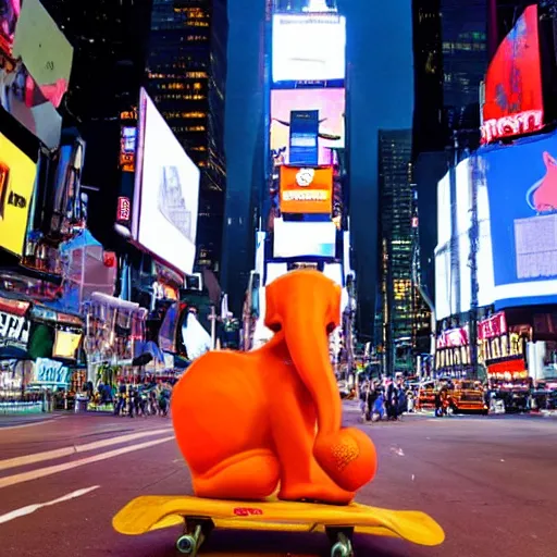 Image similar to an orange elephant on a skateboard in times square at night