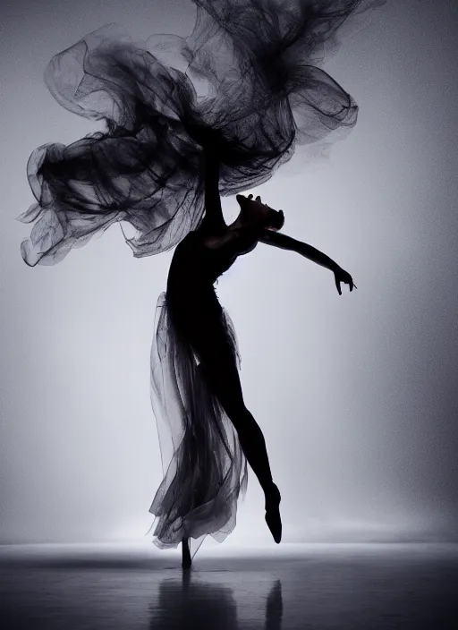 Image similar to a Photorealistic dramatic hyperrealistic render of a beautiful Female smoke dancer by Ken Brower and Deborah Ory of NYC Dance project,Lois Greenfield,Flowing cloth and smoke,Beautiful dynamic dramatic dark moody lighting,volumetric,shadows,cinematic atmosphere,Octane render,8K