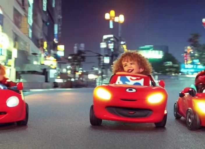 Image similar to peter dinklage racing vin diesel driving a little tikes cozy coupe cars at night tokyo, movie still, from the new fast and furious movie, 8 k, realistic