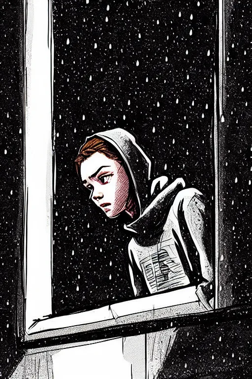 Prompt: outdoors : sadie sink peter parker in hoodie sits on windowsill, knees tucked in | rain falls at night : storyboard, scifi cyberpunk. by gabriel hardman, joe alves, chris bonura. cinematic atmosphere, detailed and intricate, perfect anatomy