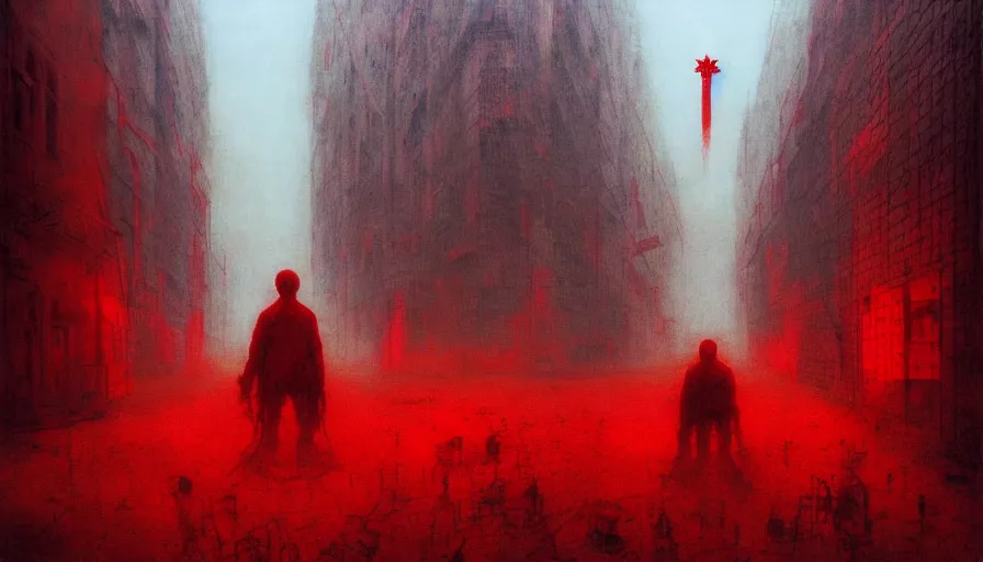 Image similar to only with red, soviet communism horror city apocalyptic atmosphere with soviet flag, in the style of beksinski and rodcenko and yue minjun and cory loftis, intricate and epic composition, red by caravaggio, highly detailed, masterpiece, red light, artstation, art nouveau