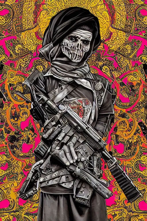 Image similar to taliban anarchy. symmetrical anatomy, very detailed design, complexity of the picture, with pop punk art style, colorful, accompanied by body, pure image without duplication, dribble popular, trending on arstation, drawn by ilya kuvshinov and darbotz and vinicius gud and gustavo zambelli, intricate, ultra high definition, super scale rendered.