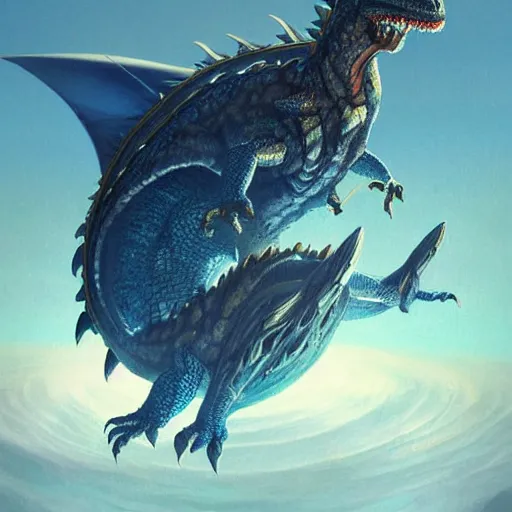 Image similar to Gigantic blue scaled dragon devouring an earth like planet while flying in space, sun system, behemoth, lizard, crocodile, oil painting, by Greg Rutkowski