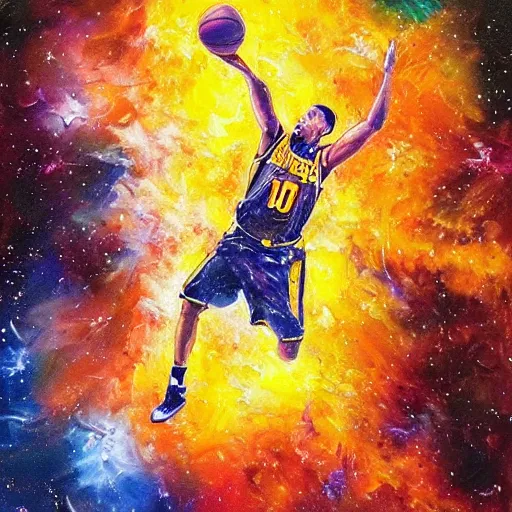 Image similar to an expressive oil painting of a basketball player dunking, depicted as an explosion of a nebula