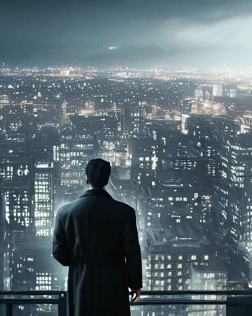 Image similar to a night rooftop scene, close up shot of a photorealistic gangster wearing a trench coat looking at the city below, unreal engine, hyper realism, realistic shading, cinematic composition, extremely detailed