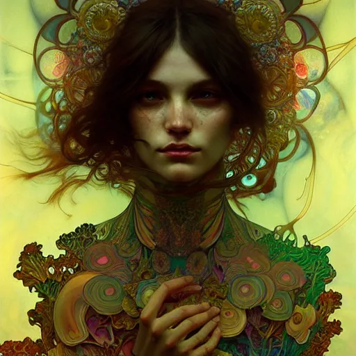 Image similar to An extremely psychedelic portrait, surreal, mushrooms, DMT, LSD, face, detailed, intricate, elegant, lithe, highly detailed, digital painting, artstation, concept art, smooth, sharp focus, illustration, art by Krenz Cushart and Artem Demura and alphonse mucha