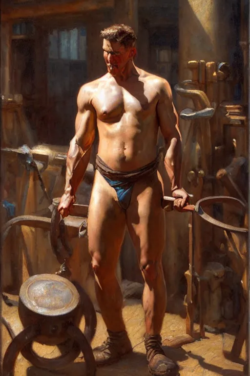 Image similar to muscular sweaty male blacksmith, forgehouse painting by gaston bussiere, craig mullins, j. c. leyendecker, tom of finland