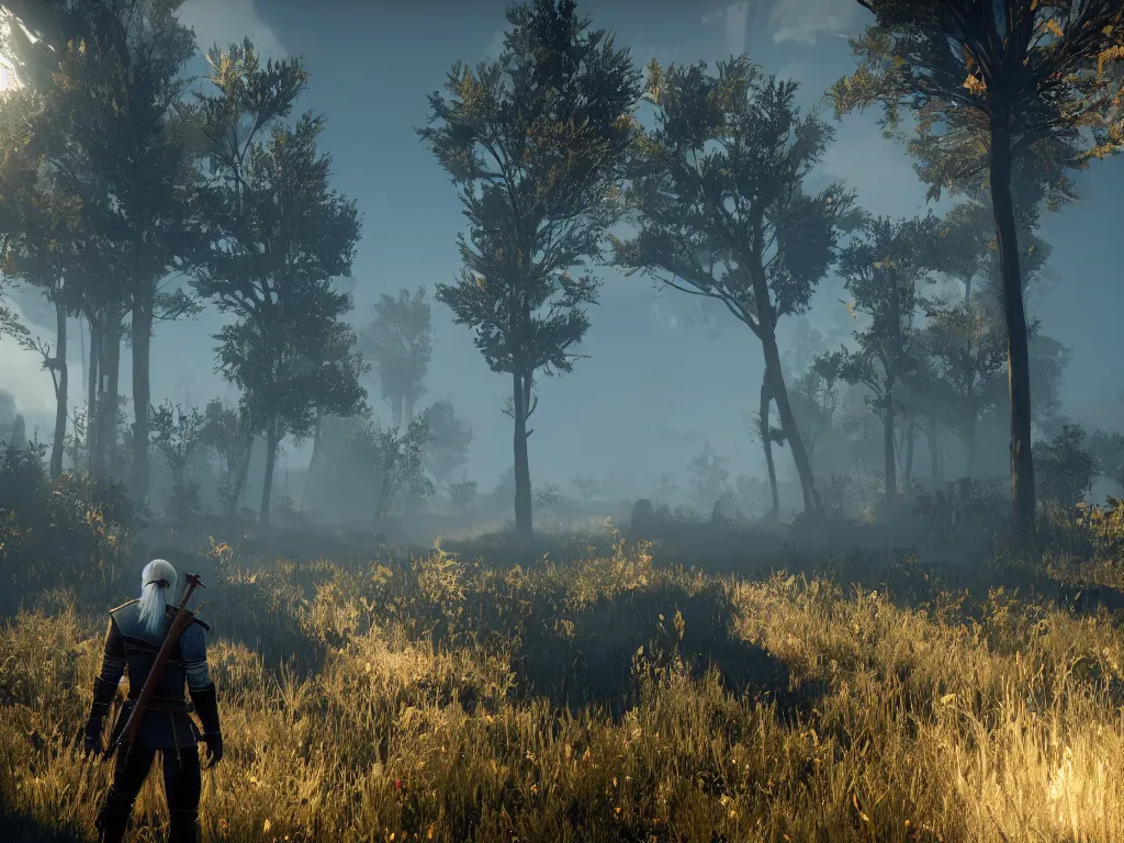 Prompt: beautiful the witcher 5 mod adds full global illumination, cyberpunk, sunbeams, volumetric fog, atmospheric scattering, water caustics and physics, unreal engine 5, filmic bloom, rtx mod, ultra high extreme settings, realism mod, realistic light propagation, amazing landscape