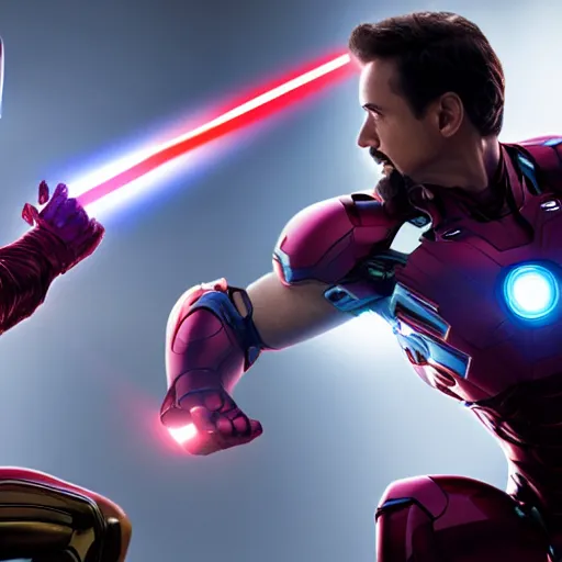 Image similar to iron man and captain america fighting with light sabers, 4k, ultra detailed