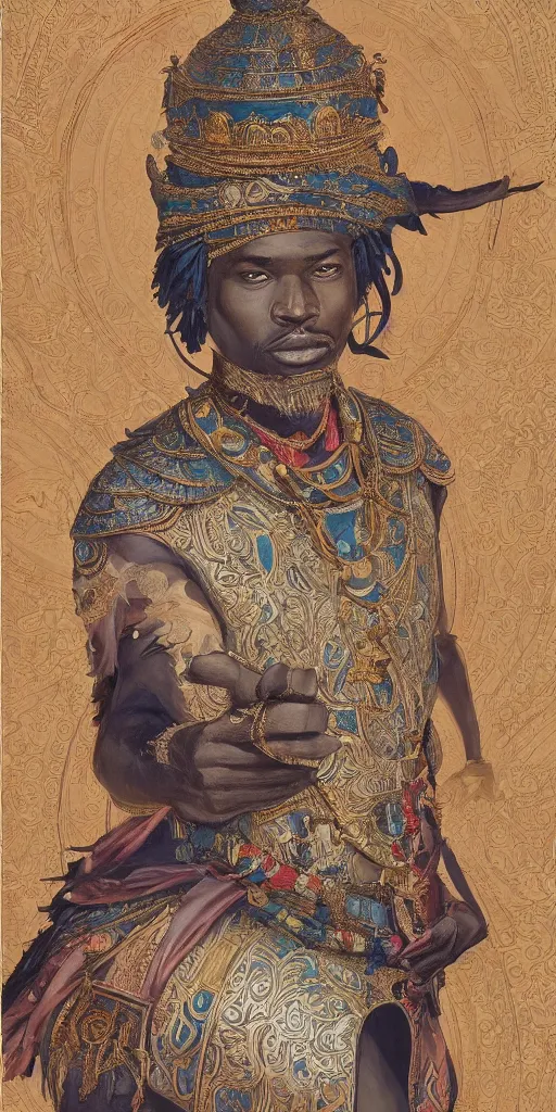 Image similar to a stunning and noble highly detailed romantic period style portrait of mansa musa by josep tapiro baro, by james jean, by kim jung gi, trending on artstation, oil painting masterpiece, symmetry, mysterious, very very very aesthetic, african iconography