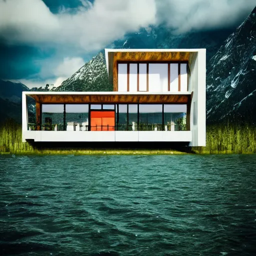 Image similar to wes anderson style modern futuristic house near the lake, snowy mountains and green forest, cinematic, realism, photo, detailed