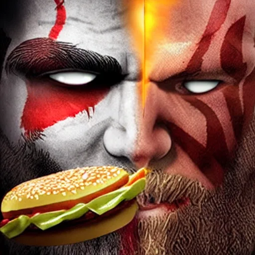 Image similar to kratos from god of war eating a cheeseburger