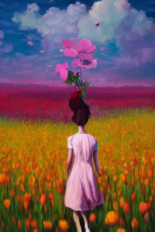 Image similar to giant flower head, girl walking in a flower field, surreal photography, sunrise, dramatic light, impressionist painting, colorful clouds, digital painting, artstation, simon stalenhag