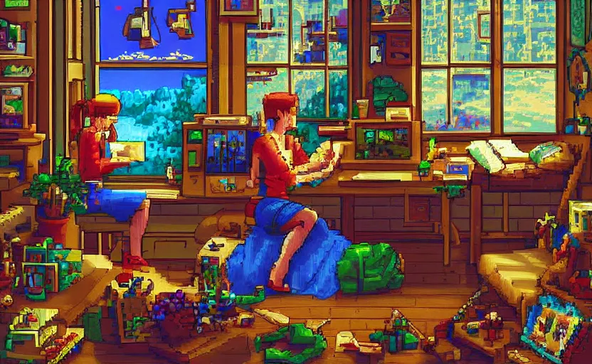 Image similar to 16-bit Pixel-art. Trending on artstation. Slice-of-life genre art. Fantastic colors and lighting by James Gurney and artgerm. Screenshot of Music to chill/study to youtube video. Character sitting and relaxing in front of their work desk in their cozy room as a peaceful scene is seen through the room's window.