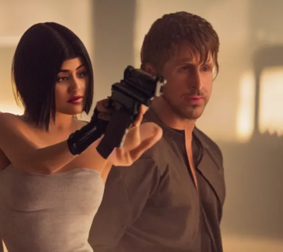 Image similar to a movie still of kylie jenner as joi aiming a gun at ryan gosling in the movie blade runner 2 0 4 9