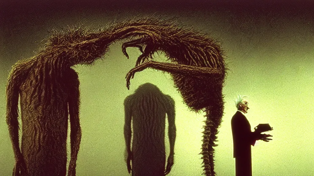 Image similar to the creature that hates me at the dmv, film still from the movie directed by denis villeneuve and david cronenberg with art direction by zdzisław beksinski and dr. seuss