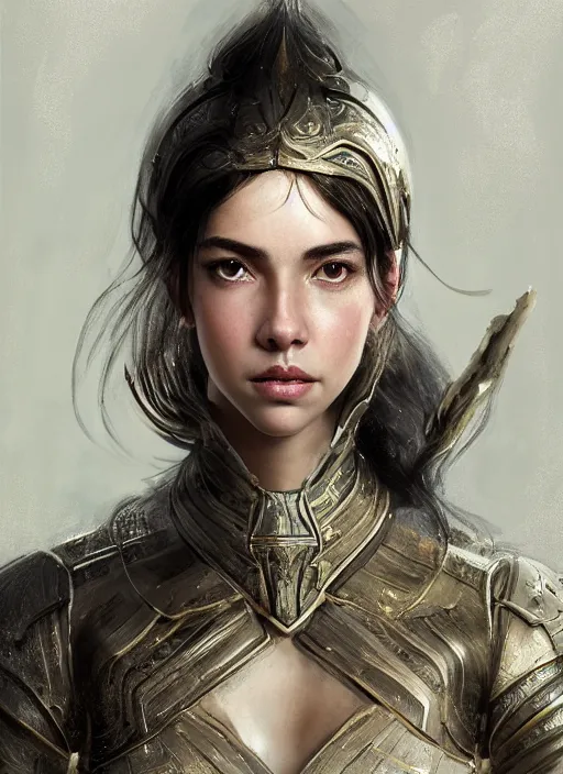 Image similar to a professional portrait of a beautiful young female, clothed in ethereal battle armor, olive skin, long dark hair, beautiful bone structure, symmetrical facial features, intricate, elegant, digital painting, concept art, smooth, sharp focus, finely detailed, illustration, from Valerian and the City of a Thousand Planets, in the style of Ruan Jia and Mandy Jurgens and Artgerm and Greg Rutkowski and William-Adolphe Bouguerea