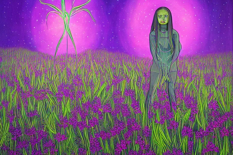 Image similar to a painting of a extraterrestrial alien lost in a meadow, alex grey, tall plants, purple lighting, night sky, glows, moonlight,