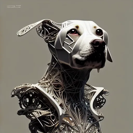 Prompt: organic cyborg dog, holographic white plastic and driftwood, fantasy, intricate, elegant, highly detailed, lifelike, photorealistic, digital painting, artstation, illustration, smooth, sharp focus, art by scott davidson, albert aublet, krenz cushart, artem demura, mucha