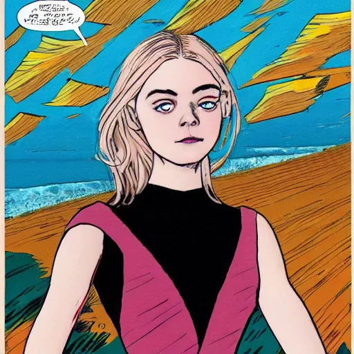 Prompt: painting of Elle Fanning looking at the ocean, in the style of the New Mutants comics