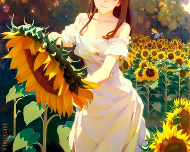 Image similar to beautiful sunflower anime girl, krenz cushart, mucha, ghibli, by joaquin sorolla rhads leyendecker - h 6 4 0