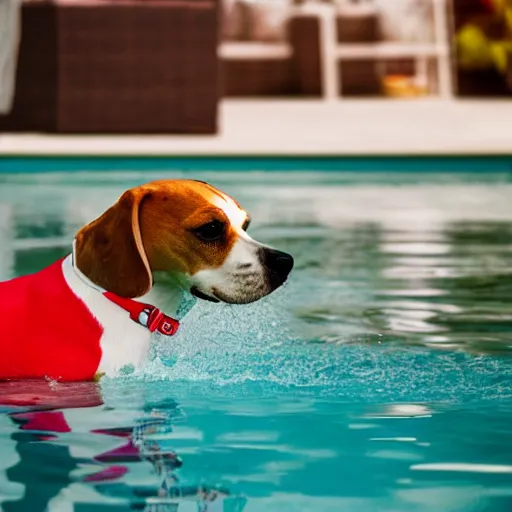 Image similar to beagle dog with red collar swimming in a pool in a house in premia del mar