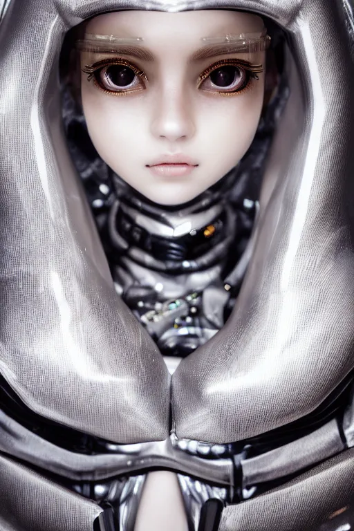 Prompt: very up close portrait, of fashion elegant sophisticated of a translucent cute dainty cyborg lolita girl ， big grey eye, white inflatable carbon fibre jacket, ultra detailed wire decoration, complex golden future mechanical brain device, micro detail, by nixeu and guweiz weta, sleek curves, intricate sharp focus, trending on artstation hq, deviantart, pinterest, unreal engine