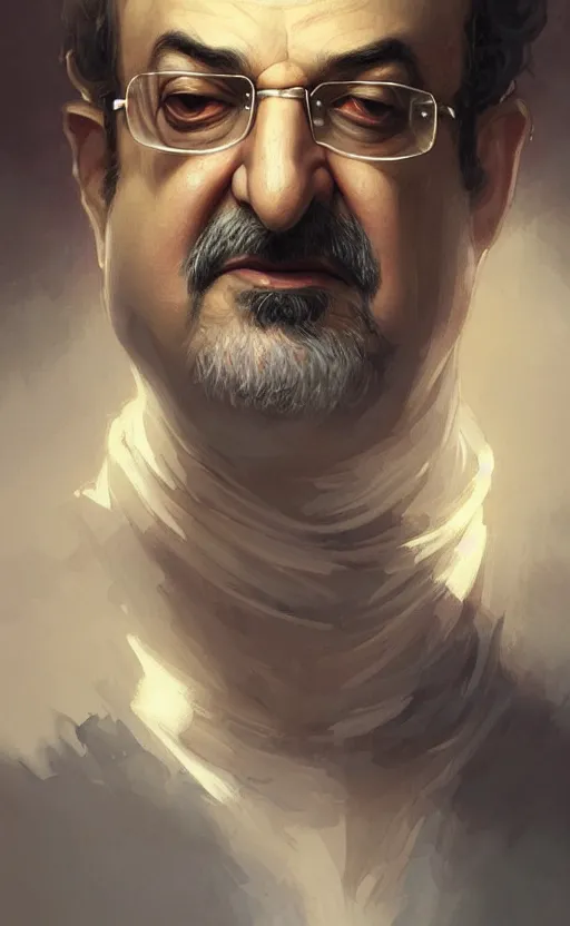 Image similar to portrait of salman rushdie, deep focus, d & d, fantasy, intricate, elegant, highly detailed, digital painting, artstation, concept art, matte, sharp focus, illustration, art by artgerm and greg rutkowski and alphonse mucha