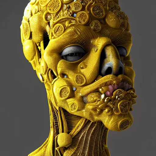 Image similar to man made out of lemon skin, head is exploding into jam : ornate, dynamic, particulate, intricate, elegant, highly detailed, centered, artstation, smooth, sharp focus, octane render